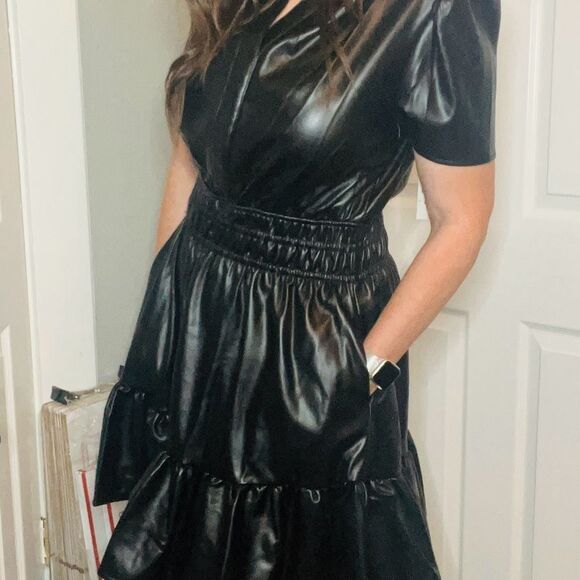 GREY COLLECTIVE Faux Leather Mini Dress Black Fit and Flare Ruffle Smocked M NWT - Picture 4 of 13